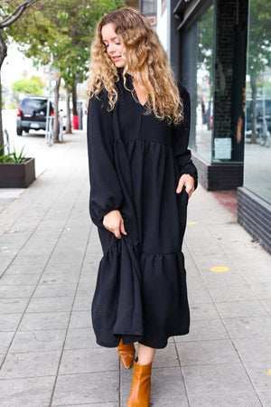 Lock Eyes Black Notched Neck Frill Hem Tiered Maxi Dress - Coeur de la Mode