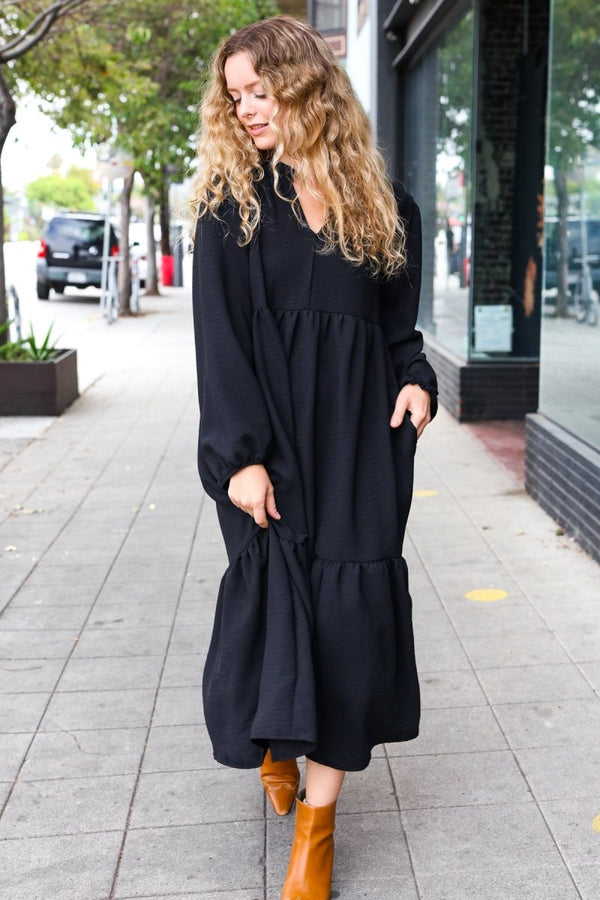 Lock Eyes Black Notched Neck Frill Hem Tiered Maxi Dress - Coeur de la Mode