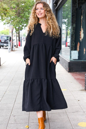 Lock Eyes Black Notched Neck Frill Hem Tiered Maxi Dress - Coeur de la Mode