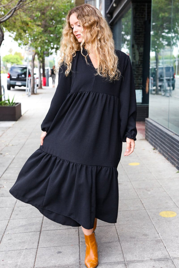 Lock Eyes Black Notched Neck Frill Hem Tiered Maxi Dress - Coeur de la Mode