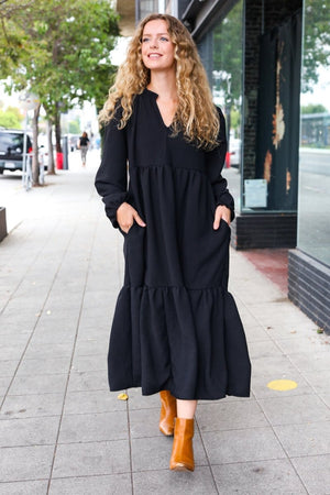 Lock Eyes Black Notched Neck Frill Hem Tiered Maxi Dress - Coeur de la Mode