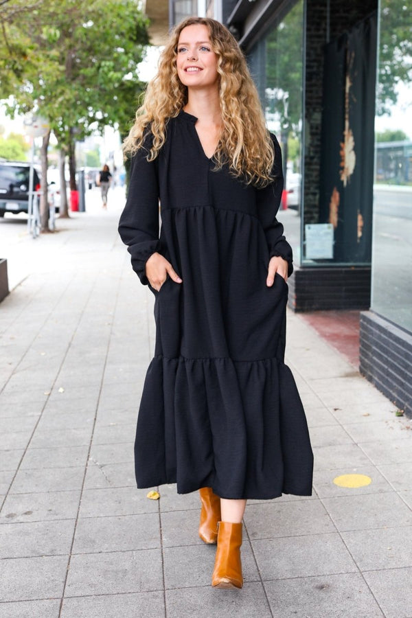 Lock Eyes Black Notched Neck Frill Hem Tiered Maxi Dress - Coeur de la Mode