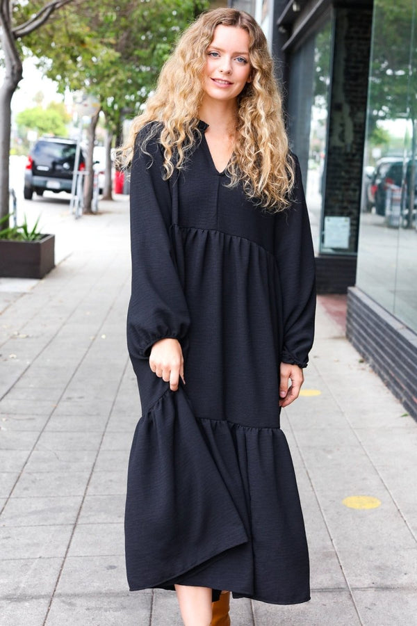 Lock Eyes Black Notched Neck Frill Hem Tiered Maxi Dress - Coeur de la Mode