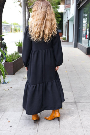 Lock Eyes Black Notched Neck Frill Hem Tiered Maxi Dress - Coeur de la Mode