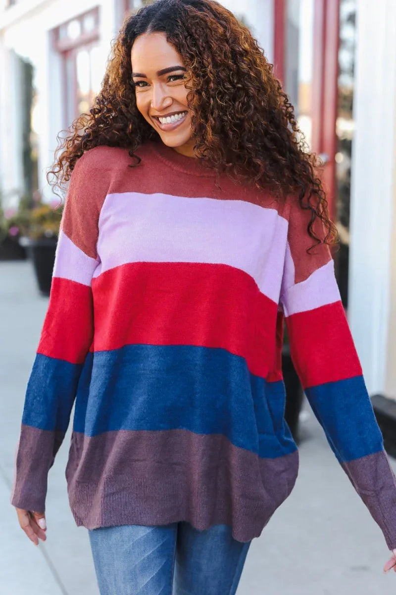 Lock Eyes Lilac Multi-Stripe Ribbed Knit Sweater Pullover - Coeur de la Mode
