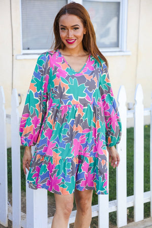 Lock Eyes Stone/Green Long Sleeve V Neck Ruffle Hem Babydoll Dress - Coeur de la Mode