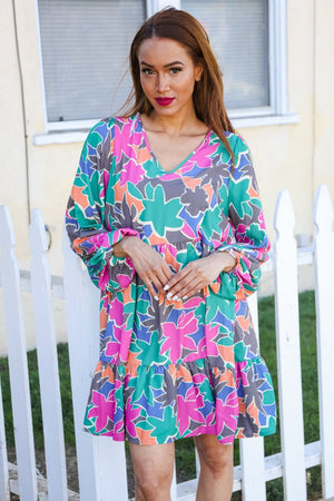 Lock Eyes Stone/Green Long Sleeve V Neck Ruffle Hem Babydoll Dress - Coeur de la Mode