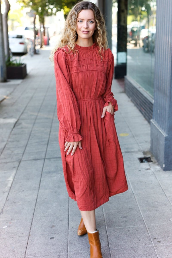 Love Found Rust Mock Neck Embossed Lined Dress - Coeur de la Mode
