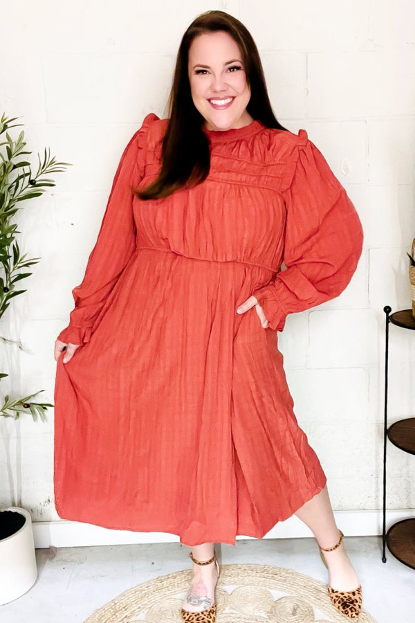 Love Found Rust Mock Neck Embossed Lined Dress - Coeur de la Mode