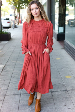 Love Found Rust Mock Neck Embossed Lined Dress - Coeur de la Mode