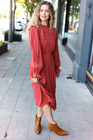 Love Found Rust Mock Neck Embossed Lined Dress - Coeur de la Mode