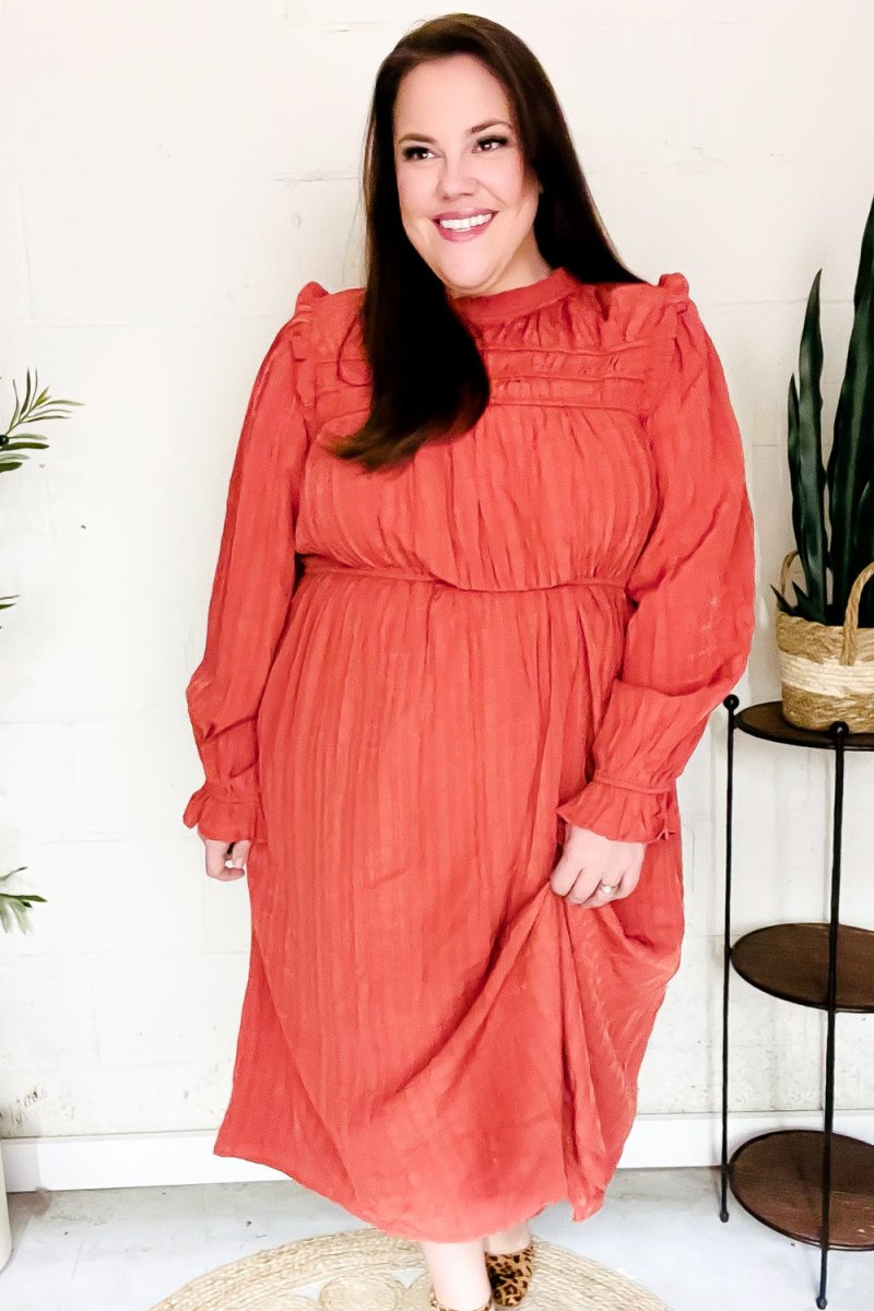 Love Found Rust Mock Neck Embossed Lined Dress - Coeur de la Mode