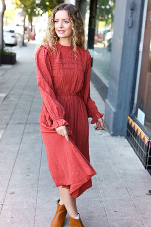 Love Found Rust Mock Neck Embossed Lined Dress - Coeur de la Mode