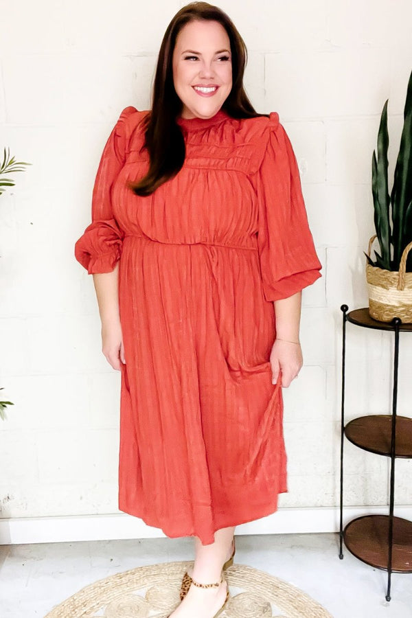 Love Found Rust Mock Neck Embossed Lined Dress - Coeur de la Mode