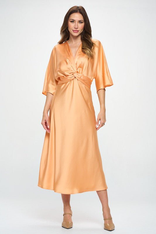 Made in USA Satin Stretch Solid Dress w Twist - Coeur de la Mode