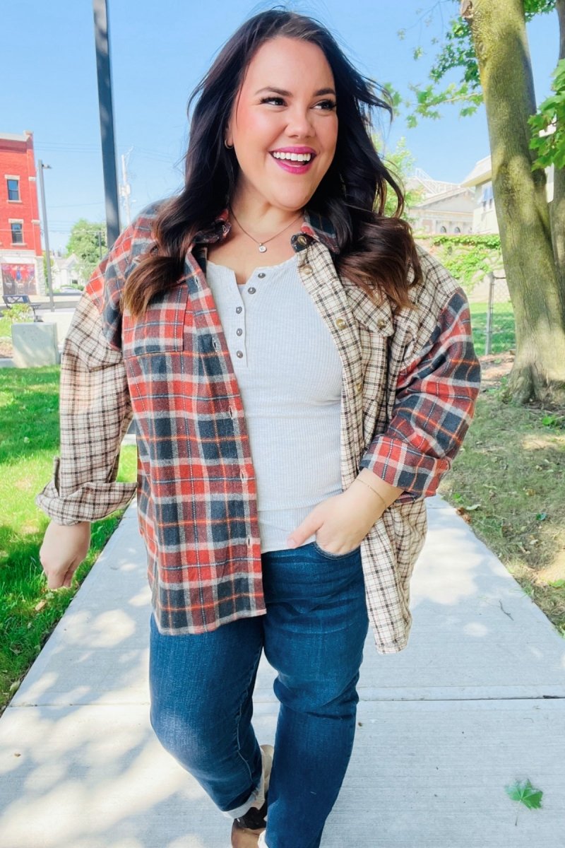 Make A Statement Rust & Taupe Plaid Color Block Shacket - Coeur de la Mode