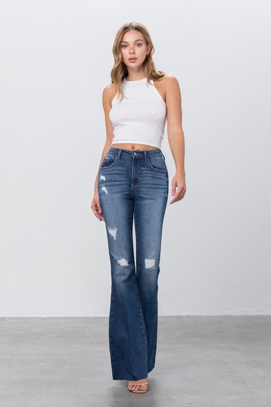 MID RISE DARK WASH FLARE JEANS - Coeur de la Mode