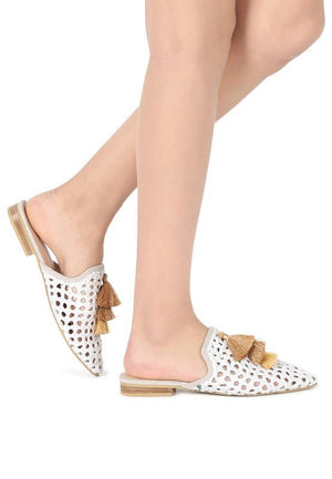MIRIAM Woven Metallic Tassel Flat Mules - Coeur de la Mode