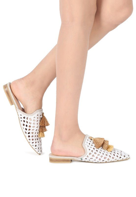 MIRIAM Woven Metallic Tassel Flat Mules - Coeur de la Mode