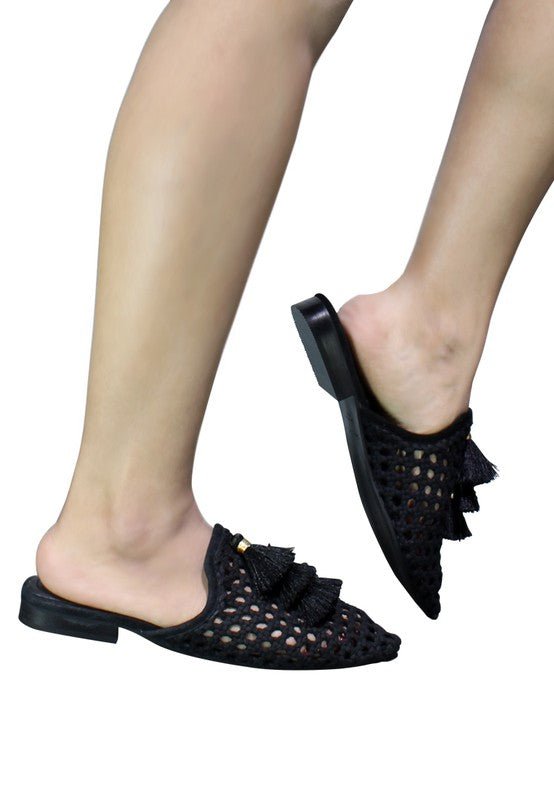 MIRIAM Woven Metallic Tassel Flat Mules - Coeur de la Mode