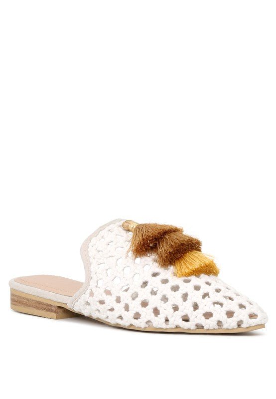 MIRIAM Woven Metallic Tassel Flat Mules - Coeur de la Mode