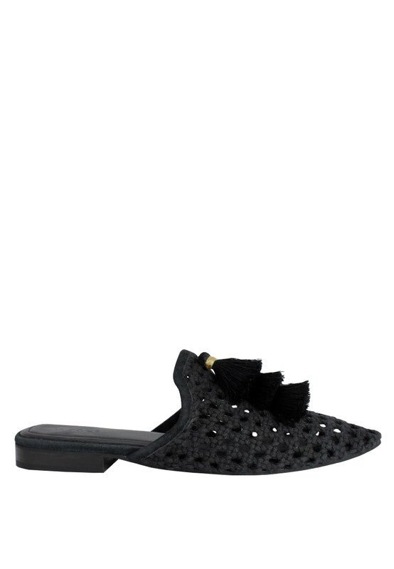 MIRIAM Woven Metallic Tassel Flat Mules - Coeur de la Mode