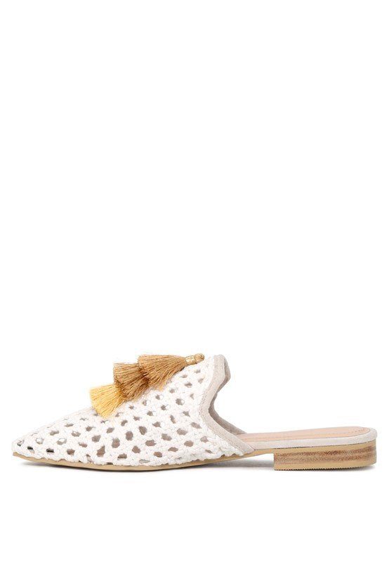 MIRIAM Woven Metallic Tassel Flat Mules - Coeur de la Mode