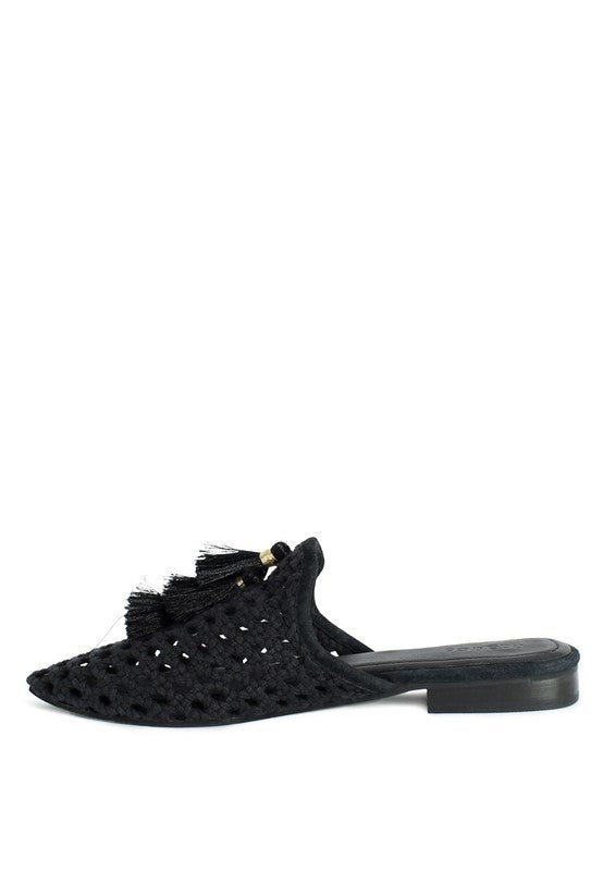 MIRIAM Woven Metallic Tassel Flat Mules - Coeur de la Mode