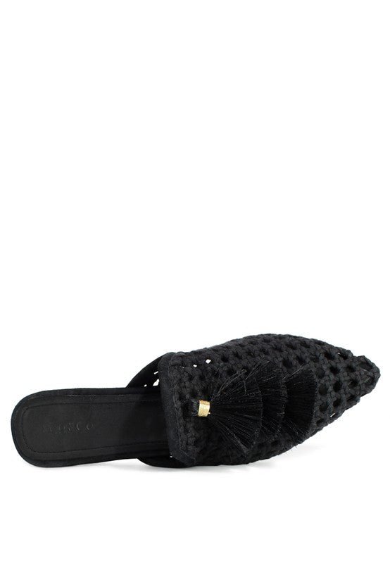 MIRIAM Woven Metallic Tassel Flat Mules - Coeur de la Mode