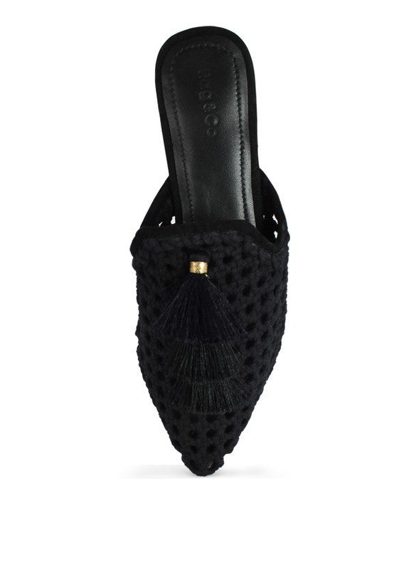 MIRIAM Woven Metallic Tassel Flat Mules - Coeur de la Mode