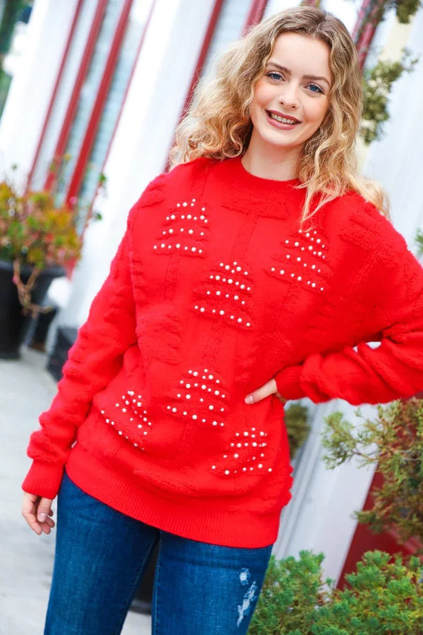 More The Merrier Red Pearl Christmas Tree Jacquard Sweater - Coeur de la Mode