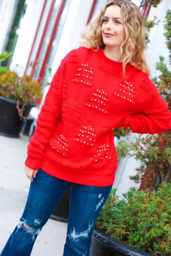 More The Merrier Red Pearl Christmas Tree Jacquard Sweater - Coeur de la Mode