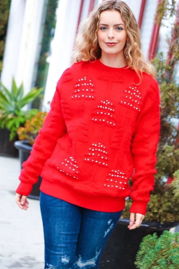 More The Merrier Red Pearl Christmas Tree Jacquard Sweater - Coeur de la Mode