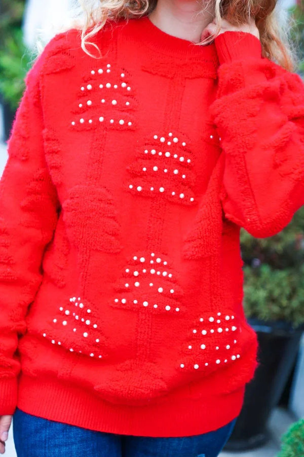 More The Merrier Red Pearl Christmas Tree Jacquard Sweater - Coeur de la Mode