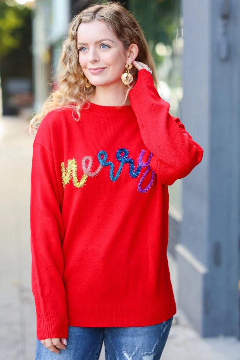 More The Merrier Red Pop Up Lurex Sweater - Coeur de la Mode