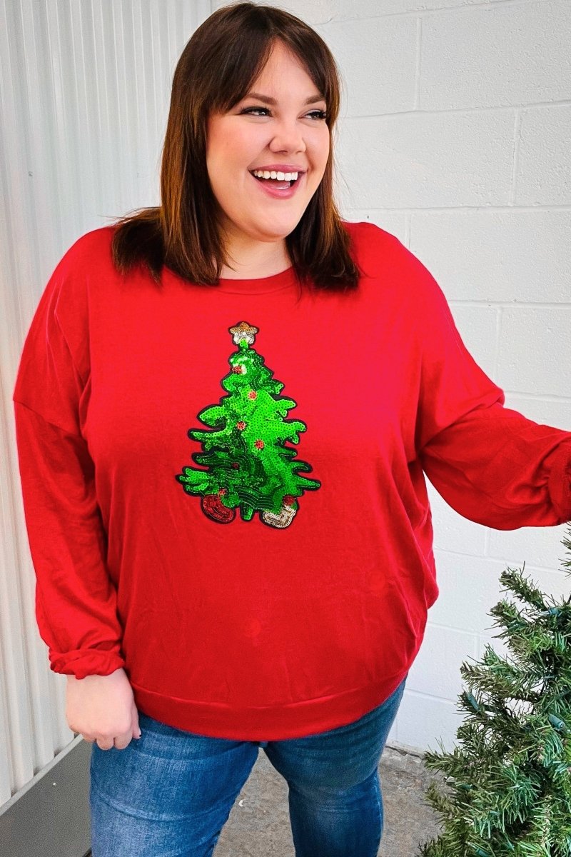 More The Merrier Red Sequin Christmas Tree Hacci Top - Coeur de la Mode