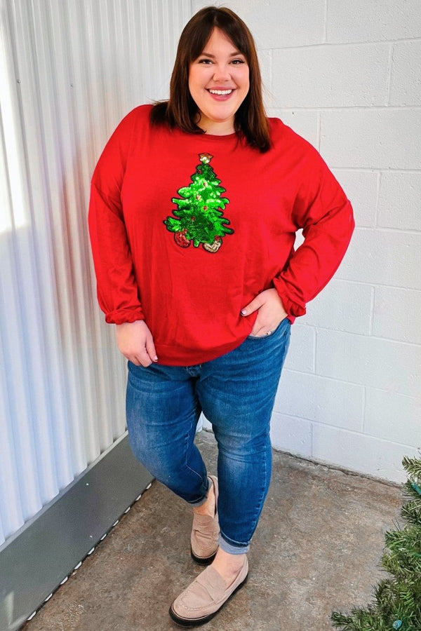 More The Merrier Red Sequin Christmas Tree Hacci Top - Coeur de la Mode