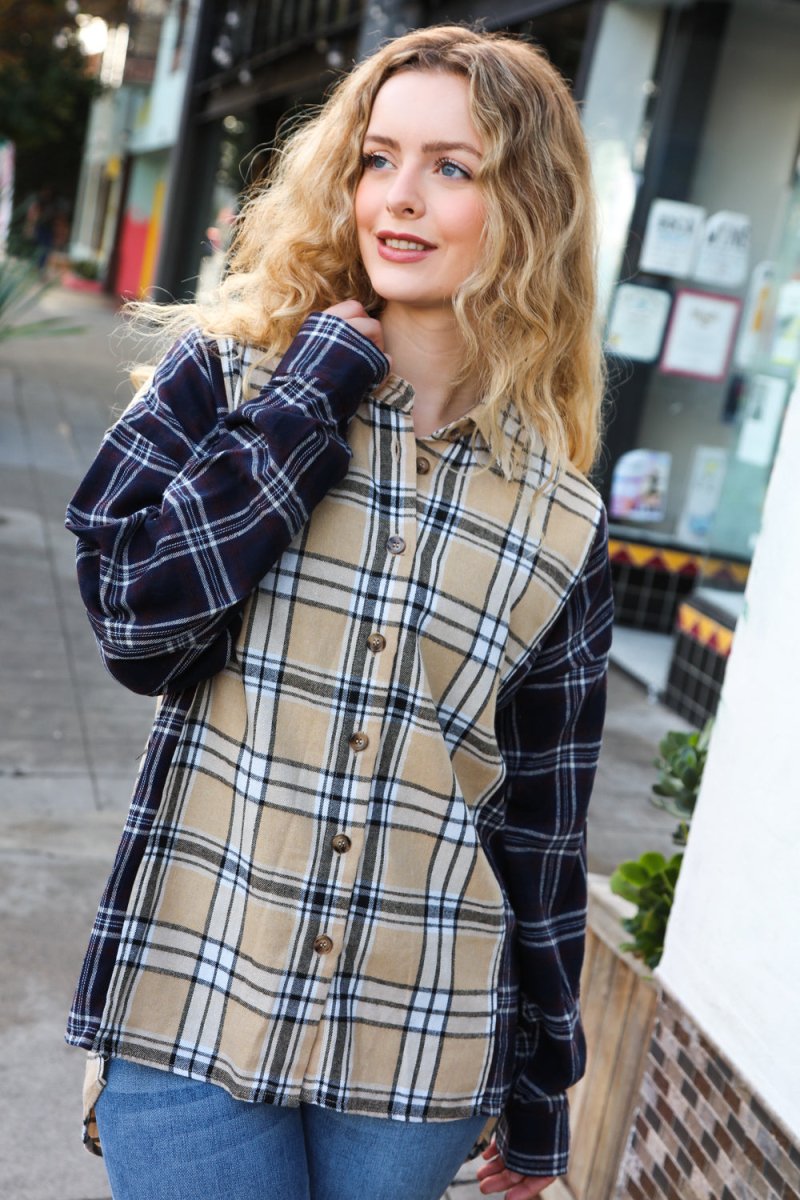 Navy & Beige Cotton Plaid Hi-Lo Shirt Top - Coeur de la Mode