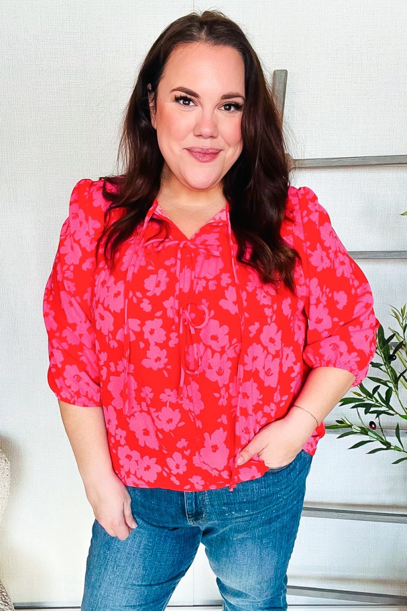 New Day Red Ribbon Bow Detail Floral Woven Blouse - Coeur de la Mode