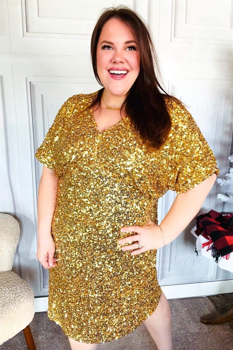 New Year Diva Dolman Gold Sequined Lined Babydoll Dress - Coeur de la Mode