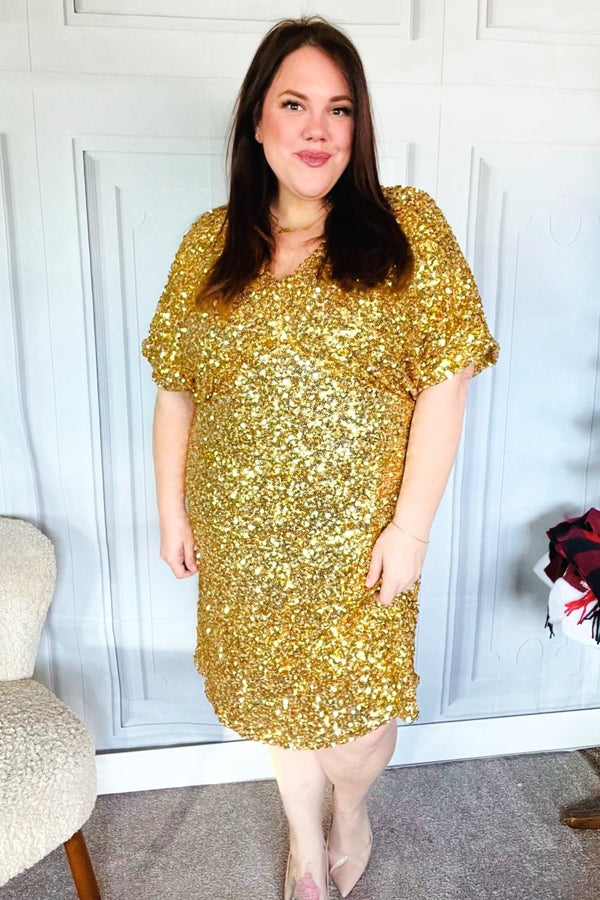 New Year Diva Dolman Gold Sequined Lined Babydoll Dress - Coeur de la Mode