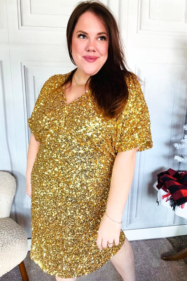 New Year Diva Dolman Gold Sequined Lined Babydoll Dress - Coeur de la Mode