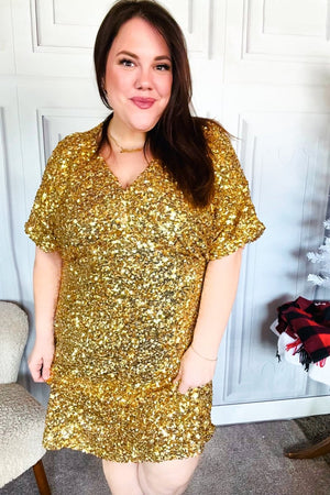 New Year Diva Dolman Gold Sequined Lined Babydoll Dress - Coeur de la Mode