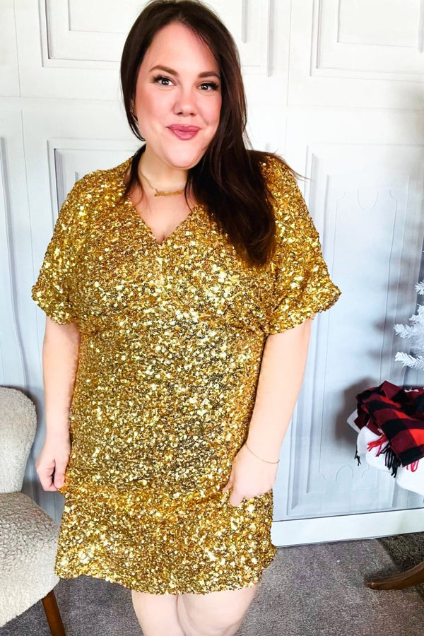 New Year Diva Dolman Gold Sequined Lined Babydoll Dress - Coeur de la Mode