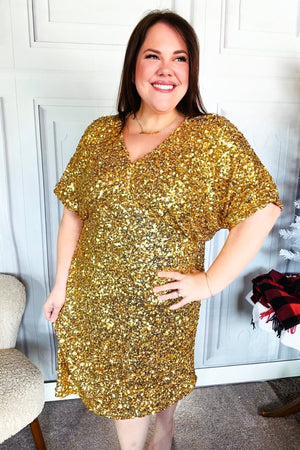 New Year Diva Dolman Gold Sequined Lined Babydoll Dress - Coeur de la Mode