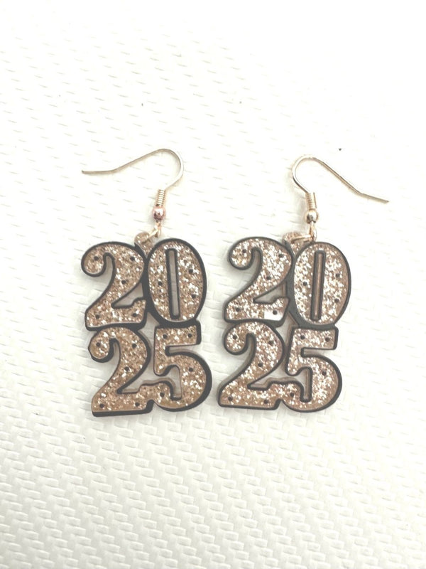New Year's 2025 Gold Glitter Dangle Earrings - Coeur de la Mode
