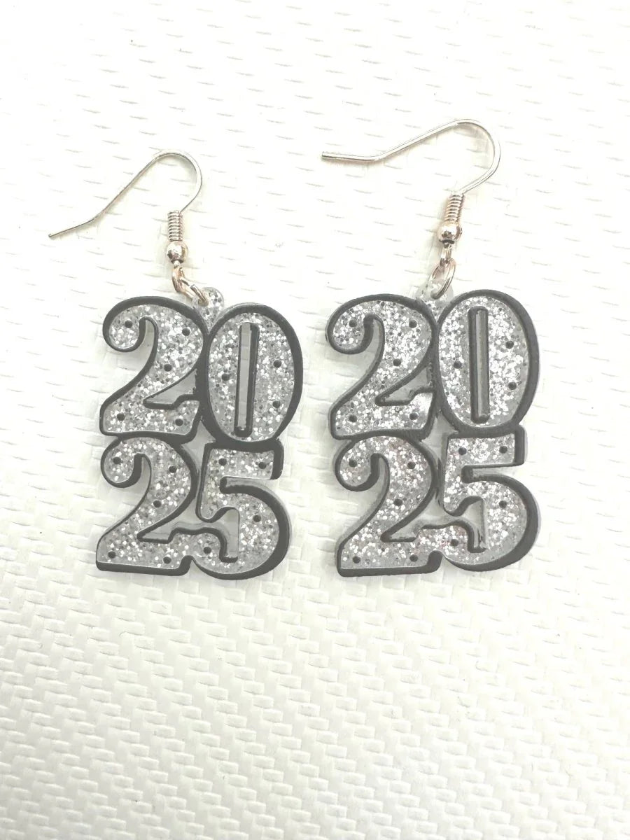 New Year's 2025 Silver Glitter Dangle Earrings - Coeur de la Mode
