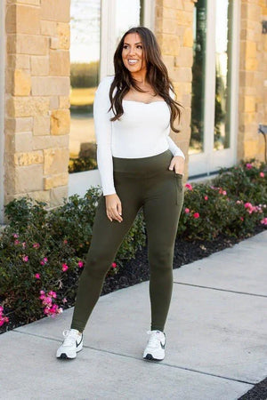 Olive Green Full Length Leggings with Pocket - Coeur de la Mode