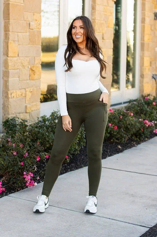 Olive Green Full Length Leggings with Pocket - Coeur de la Mode