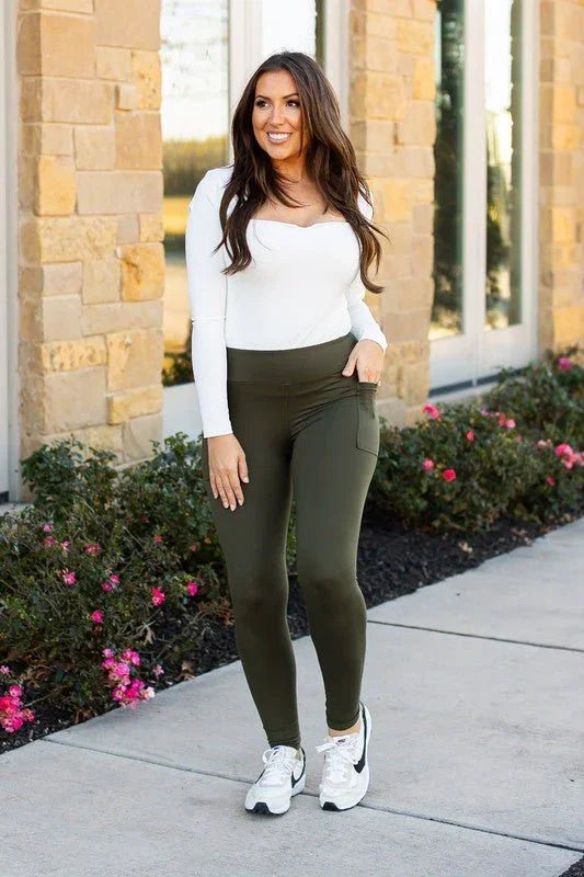 Olive Green Full Length Leggings with Pocket - Coeur de la Mode